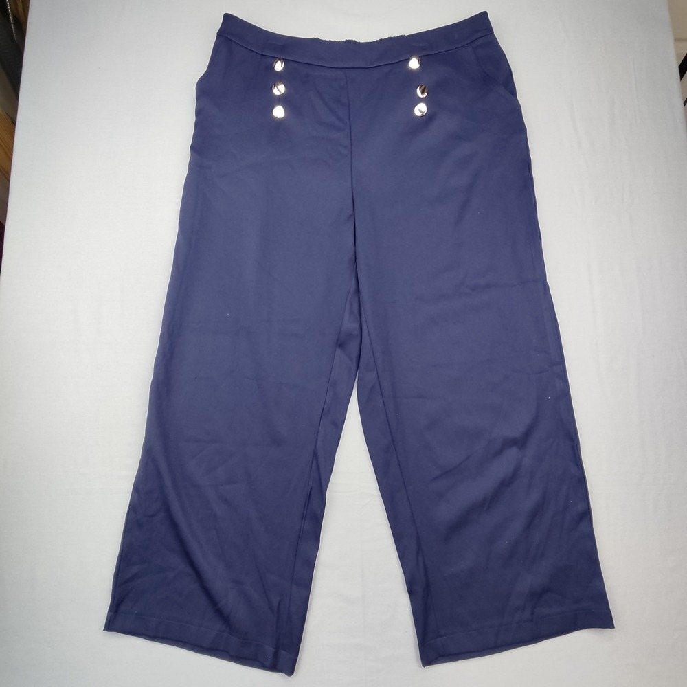SHEIN Pants Womens 3XL Navy Blue Curve Sailor Wide Leg Gold Button High Rise